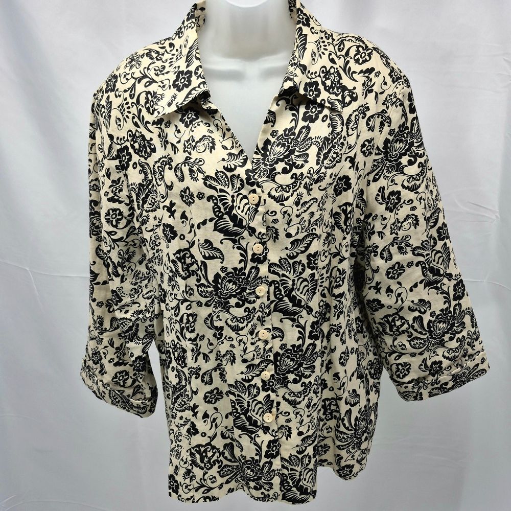 Lucy & Laurel 100% Linen Floral Button Up Blouse Shacket 2X Plus Size